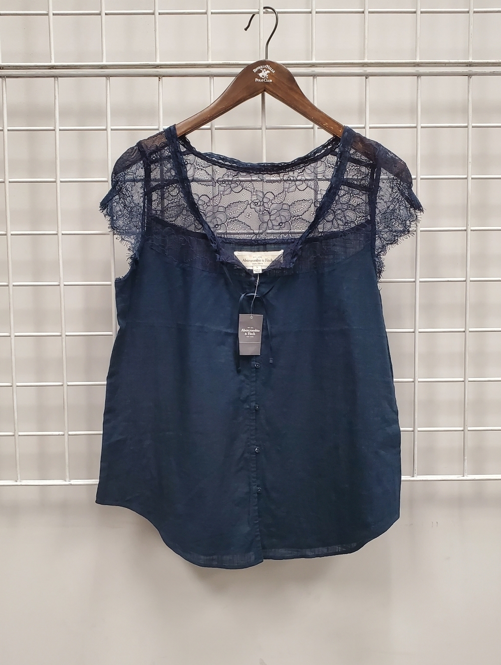 Abercrombie & Fitch Navy Lace Yoke Button-Front Blouse